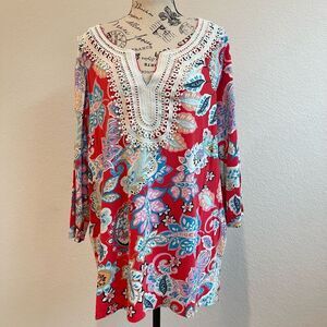 Tablots Womens Blouse Plus 2x Red Floral Paisley‎ Peasant Bohemian Vneck Crochet